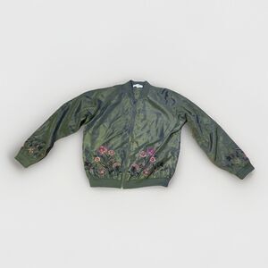 Love Fire Bomber Jacket Large Olive Green Floral Embroidered Boho Fairycore
